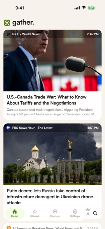 Gather's home timeline, a stack of article cards with the source name over each image