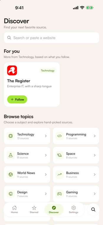 Gather's Discover screen, with a search field and hand-picked sources grouped by topic