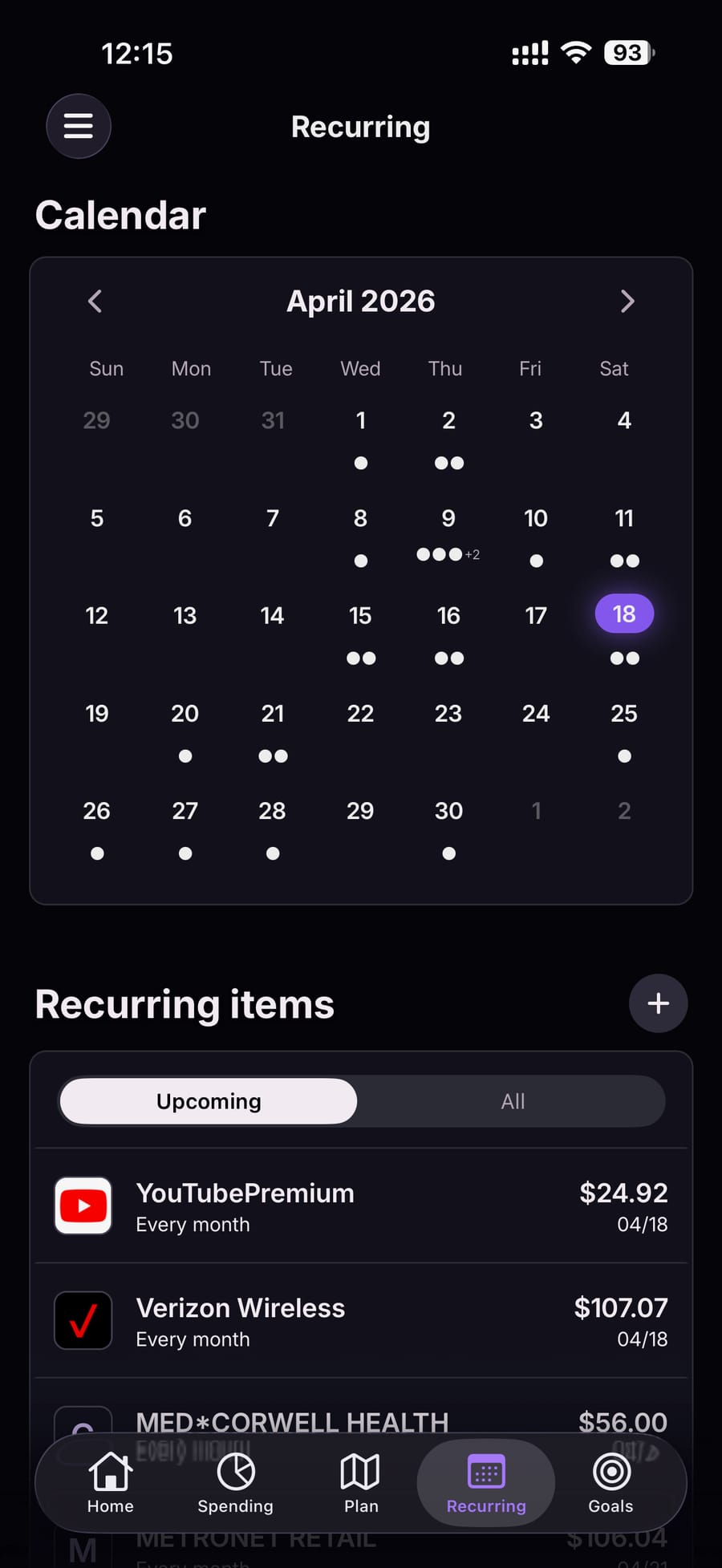 Recurring tab with calendar showing upcoming bills and subscription list