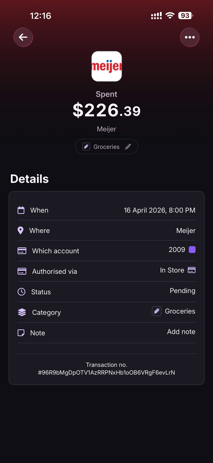 Transaction detail for Meijer grocery purchase with merchant-tinted background